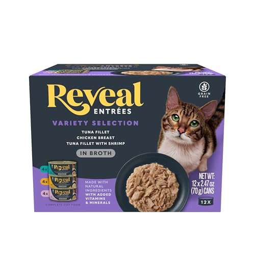 Reveal Entres Fish & Chicken Variety Wet Cat Food in Broth 12-Pack 3 Flavor Grain-Free Protein with Added Vitamins & Minerals Carrageenan-Free (12 x 2.47 oz cans)