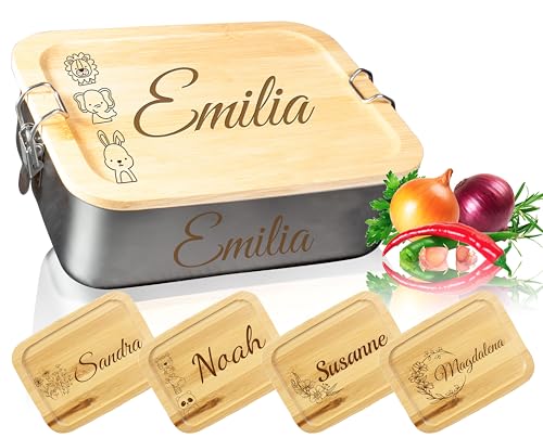 Personalisierte Edelstahl Lunchbox mit Gravur | verschiedene Größen | Mit Name Bento Box für Kinder Erwachsene Brotdose personalisierbar (Lunchbox mit Bambusdeckel MAXI - 1200ml)