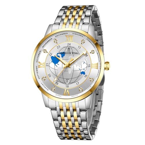 Image of London Fog Baker Collection Analog Quartz Watch for Men, Round World Map Dial with Month Markers & Crystal Accents, Luminous Hands, Stainless Steel Strap - LFM10009