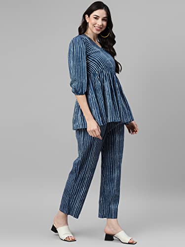 Image of DEEBACO Women's Stripe Print Cotton Flared Tunic & Pants Set|V Neck Top & Elasticated Waist Pant Western Casual Wear Indigo Relaxed Fit Cord Set Outfit for Ladies (DBCOMR00000802 XL Navy Blue)