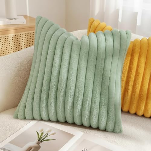 Image of decorUhome Fall Cozy Faux Fur Throw Pillow Covers 18x18 Set of 2 Decorative Soft Plush Striped Modern Farmhouse Boho Couch Pillow Cases with Velvet Back for Sofa Bed Living Room, Sage Green