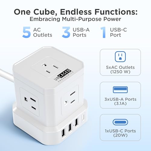 Image of Uncaged Ergonomics Cube Power Strips w /Surge Protection, 10ft Extension Cord with Multiple Outlets, 5 AC Plugs, 3 USB (1C Port) Fast Charging Power Strip with USB Port, On /Off Switch Charging Station