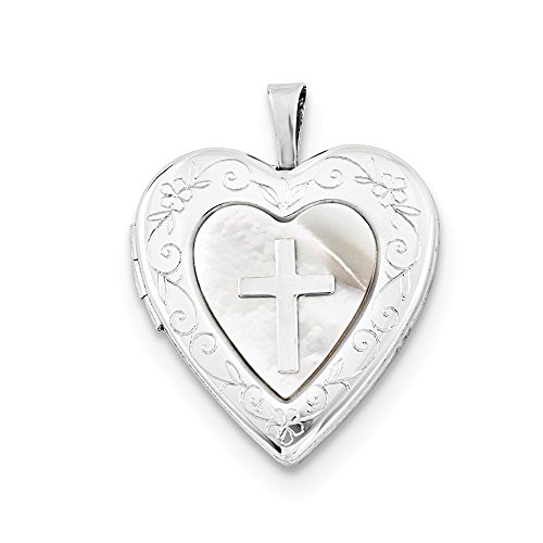 Sterling Silver 20mm Mother Of Pearl Cross Heart Locket