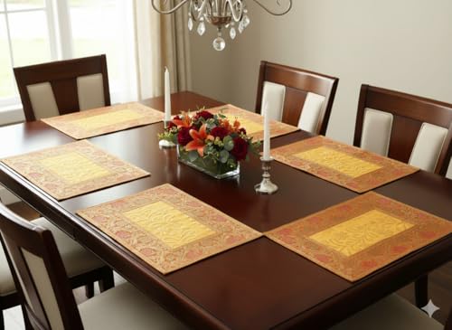 Image of Brocade Silk Placemats for Dinning Table 12 x 18 Inches Hand Embroidered, Set of 6 Decorative Placemats for Home (Yellow Gold)