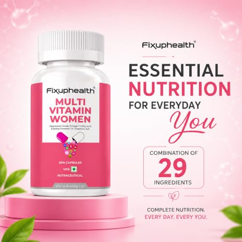 Image of Fixuphealth Multivitamin Capsules for Women | Multivitamin with Probiotics, Omega 3, Evening Primrose Oil, Vitamins C, D & B12, Magnesium & Zinc | Immunity, Energy & Daily Wellness Support | 60 Capsules