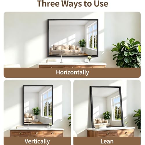 Image of Black Rectangle Mirror, 48 x 36 Inch Large Bathroom Mirrors for Over Sink, 0.6 inch Thickened Deep Frame Rectangular Wall Mirror, Brushed, Tempered Glass, Antirust, Horizontally /Vertically