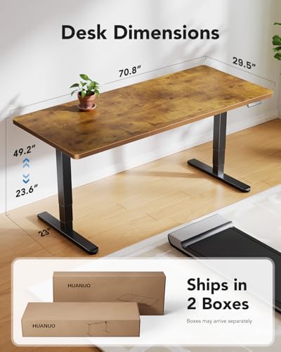 Image of HUANUO 71x30 Inch 3-Stage Legs Electric Standing Desk,Large Height Adjustable Office Desk with Brushless Motor,Stand Up Desk with 4 Memory Presets & 2 Hooks,Computer Desk for Home Office,Vintage Brown