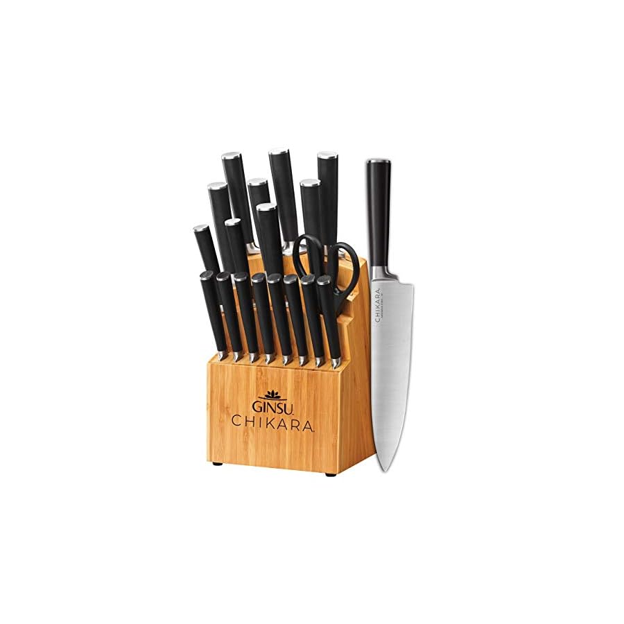 Ginsu-Gourmet-Chikara-Series-Forged-19-Piece-Japanese-Steel-Knife-Set--Cutlery-Set-with-420J-Stainless-Steel-Kitchen-Knives--Bamboo-Finish-Block-07133DS Ginsu Chikara Series Forged 19-Piece Japanese Knife Set, Black - Premium Cutlery Set with 420J Stainless Steel Kitchen Knives and Bamboo Block