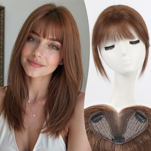 Human Hair Toppers for Women 8 Inch Real Human Hair Topper with Bangs,5"x3" Upgrade SilkHug Swiss Base Gray Root Coverage &amp; Thinning Hair（Natural Warm Brown4#）