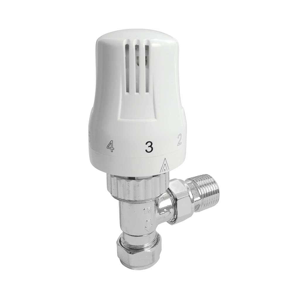 Válvula de radiador de diseñador con toallero en ángulo termostático de 15 mm x ½ Grifos de calefacción Central con válvula en ángulo con Protector de detención Libre Blanco y Cromo