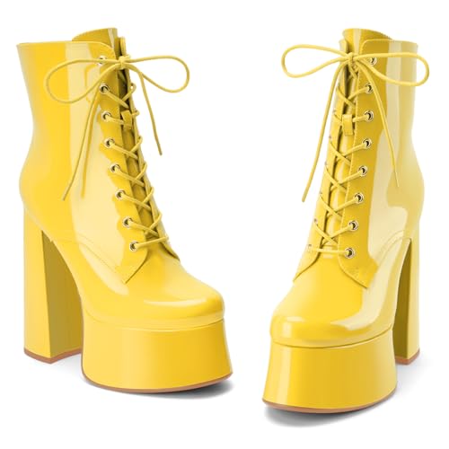 Women's Platform Block Chunky High Heel Ankle Combat Boots Zipper Patent Leather Lace Up Round Toe Fall Short Booties3