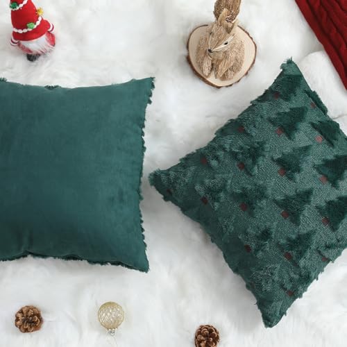 Image of Allorry Christmas Pillow Covers 18x18 inch Set of 2 Christmas Decorations Soft Plush Faux Fur Wool Green Christmas Tree Throw Pillow Cases Winter Holiday Decor for Sofa Living Room PT-002A18