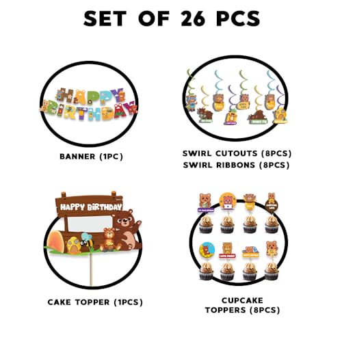 Image of Festiko Set of 26 Pcs Bear Theme Happy Birthday Combo (Banner, Swirls With Cutouts, Cake & Cupcake Toppers), Bear theme birthday decorations