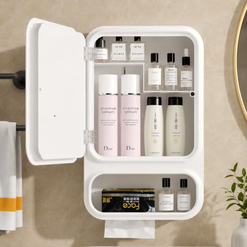 Image of HOME CUBE Wall Mounted Storage Cabinet with LED Mirror, Bathroom Cabinet Storage, Adhesive Bathroom Organizer, Tissue Holder, Cosmetic Organizer, Space Saving, No Drilling Required