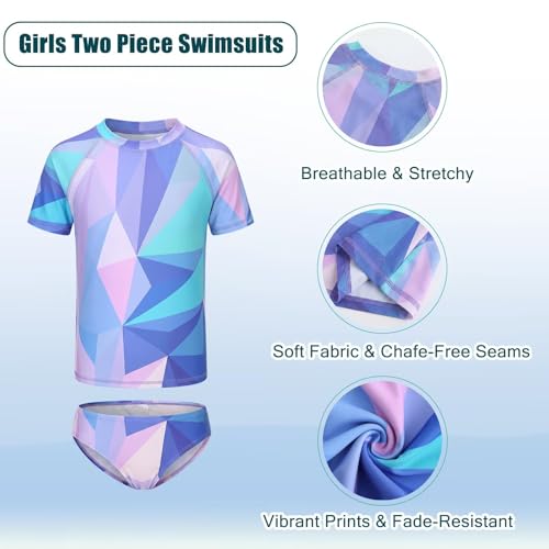 Image of Girls Two Piece Swimsuits Short Sleeve Rash Guard Swim Shirt Bikini Bottom Swim Set Bathing Swim Set Swimwear 3-16 Years