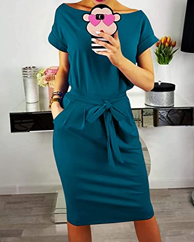 Image of PRETTYGARDEN Women's Summer Short Sleeve Crewneck Striped Dress Basic Solid Tie Waist Office T Shirt Dresses Pockets