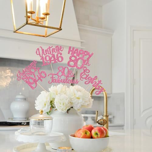 Image of 15 PCS 80th Birthday Centerpiece Sticks Glitter Eighty Happy 80 Vintage 1946 Table Flower Centerpieces Sticks Cheers to 80 Fabulous Floral Decorations for 80th Birthday Party Supplies Pink