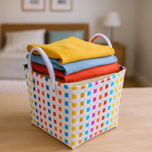 Image of Hand Made Multipurpose Plastic Basket with Lid | Eco-Friendly, Washable, Rust-Free Storage Basket for Kitchen, Picnic, Toys, Travel, Office | Lightweight basket (White with Orange, XL)