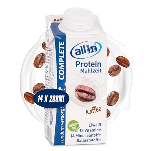 all in® COMPLETE Protein Drink Kaffee14x 200ml - Hochkalorische Trinknahrung auf Milch-Basis | Mehrkomponenten Protein Shake Mahlzeit zur schnellen Gewichtzunahme (14 Packungen, Kaffee)