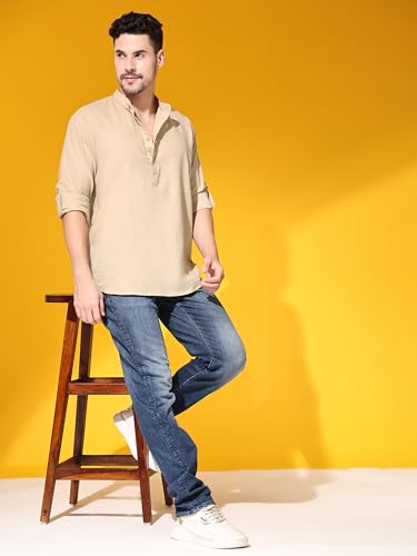 Image of SKAVIJ Men Solid Cotton Long Sleeve Casual Henley Kurta Shirt