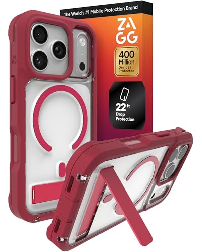Image of ZAGG Rainier Case with Kickstand for iPhone 17 Pro - Red Black Cherry, Graphene 22ft (7m) Drop Protection, Lanyard Attach Points, MagSafe, Wireless Charging Compatible, 2-Piece Design, Phone Case