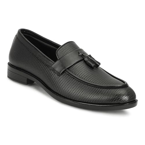 Image of NARKI Men's Black Textured Leather Tassel Loafers - Stylish Slip-On Formal Shoes for Office