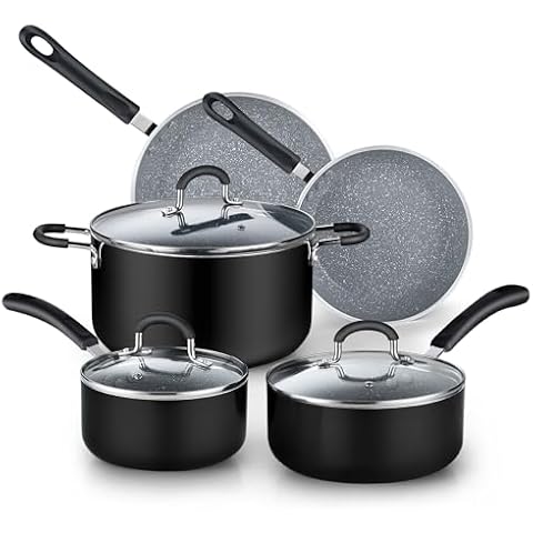 Cook N Home Pots and Pans Nonstick Kitchen Cookware Sets include Saucepan Frying Pan Stockpots 8-Piece, Heavy Gauge, Stay Cool Handle, Marble Cover