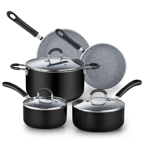 Comparison: Best Equip Marble Non Stick Cookware 3 Cook N Home Pots and Pans Nonstick Kitchen Cookware Sets include Saucepan Frying Pan Stockpots 8-Piece, Heavy Gauge, Stay Cool Handle, Marble