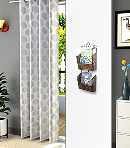 Image of Wall Magazine Rack | Wood & Wrought Iron Newspaper Holder | Book Storage Wall Shelf | Home & Office Organizer | Black & Natural | 67x28x11 cm