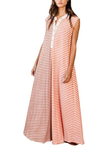 Yinawsky Women Casual Striped Sleeveless Tank Jumpsuits Color Block Wide Leg Romper Comfy Button Down Rompers(0256-Orange-S)