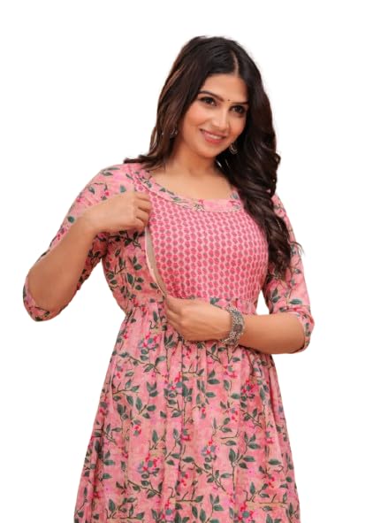Women's Floral Printed Anarkali Maternity Feeding Gown Cotton Feeding Kurti Stylish & Trendy Maxi Dress - 3/4 Sleeve, Casual Ethnic Nursing for Easy of Movement