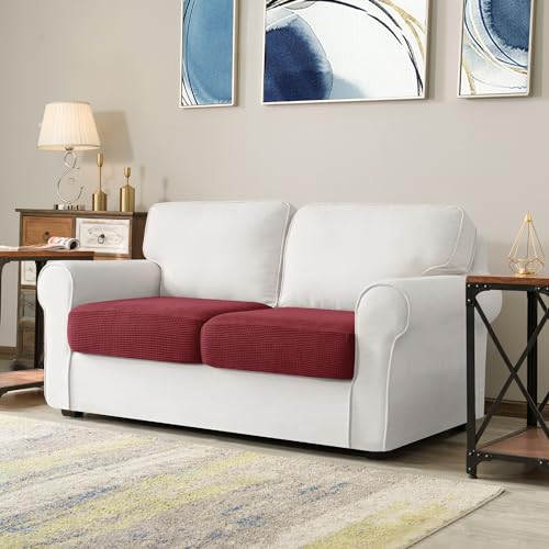 Image of CHUN YI Stretch Couch Cushion Cover, Fitted Loveseat Sofa Chair Seat Slipcover Furniture Protector, Checks Spandex Jacquard Fabric(2,Wine), 2
