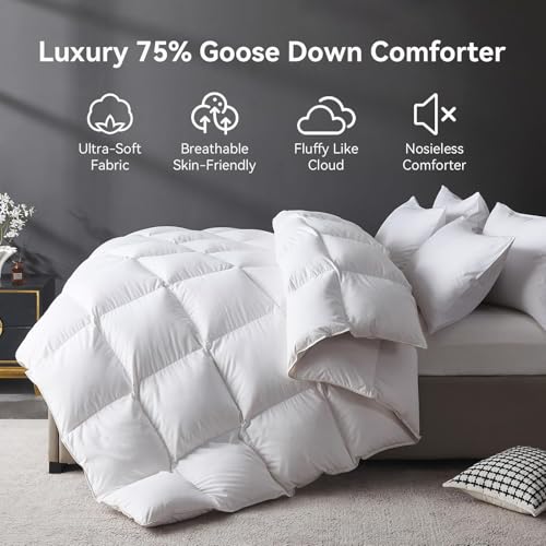 Image of L LOVSOUL Organic 75% Goose Down Fiber Comforter King Size,850+FP,1200TC,Extra Fluffy,Hotel-Luxury Ultra Soft All Season White Duvet Insert with 8 Corner Tabs