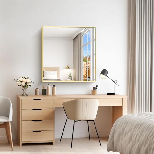 Image of COFENY Gold Bathroom Mirror for Wall, 30x30 Inch Square Mirrors with Metal Frame, Modern Vanity Wall Mirror Decor for Bathroom Living Room, Entryway Hangs Horizontal or Vertical