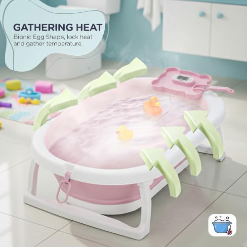 Image of Baybee Tubby Bath Tub for Baby 0-5 Years, Foldable Baby Bathtub for Kids with Anti Skid Base & Drainer, Space Saving Design, Newborn Baby Bathing Tub for Girls & Boys with Temperature Meter (Pink)
