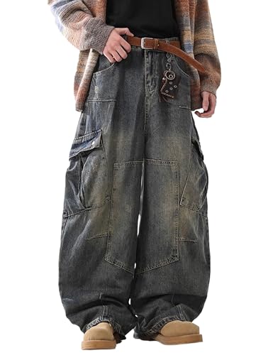 Mens Baggy Jeans Y2K Hip Hop Cargo Pants Aesthetic Denim Pants Straight Leg Cargo Jeans Streetwear