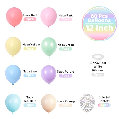 Image of Funhot Pastel Balloons, 60 Pcs Party Balloon Girls, 12 Inch Macaron Red Pink Blue Purple Green Yellow Orange Balloon Colorful Confetti for Birthday Baby Shower Wedding Easter Pastel Party Decoration