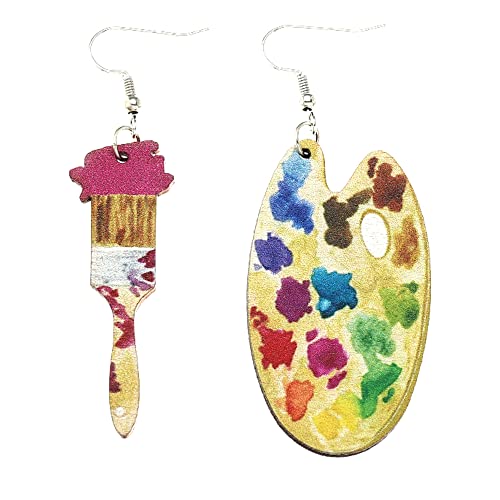 Unique Handmade Bohemian Vintage Big Wooden Artist Paint Brush Dangle Drop Earrings Dainty Cute Wood Paint Palette Charm Earrings Colorful Painter Jewelry for Women Artist Gift Art Teacher Gifts