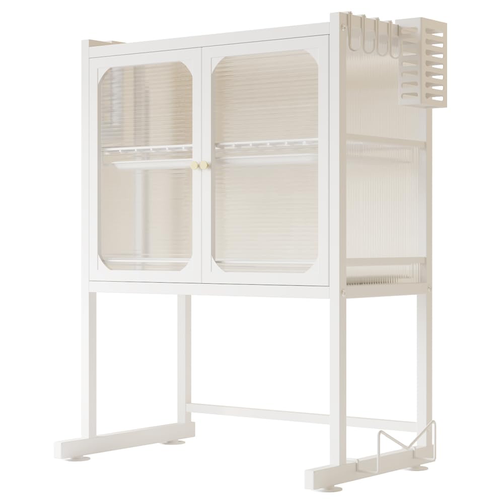 BAKAJI Scaffale Credenza Porta Microonde in Metallo Salvaspazio, Scaffalatura Portamicroonde con Vetrinetta Trasparente, Base Antiscivolo, 2 Ripiani Interni, 57 x 37 x 76 cm (Bianco)