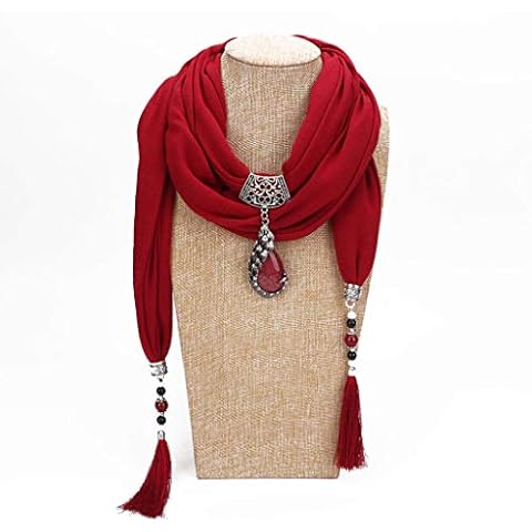 Baiyao Women Scarf With Long Tassels,200x40cm Women Vintage Solid Color Ethnic Style Scarf Peacock Pendant Scarf Water Drop Rhinestone Pendant Jewellery Shawl Necklace for Women Lady Girls Cover