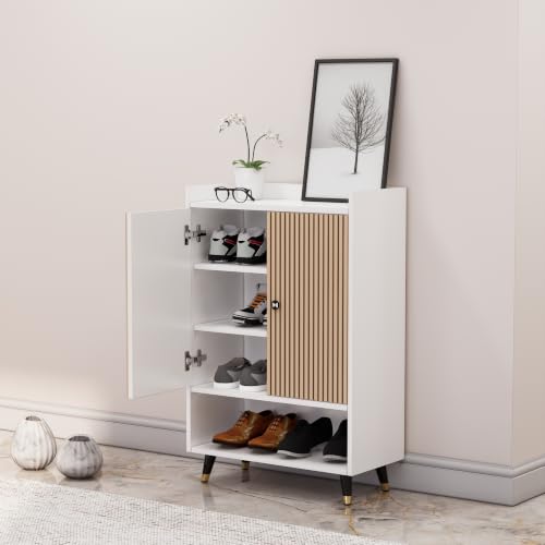 Image of Bniture Engineered Wood Shoe Cabinet with Door | Shoe Rack Wooden with Metal Legs | Sturdy and Stylish Wooden Cabinet for Home | Multipurpose Shoe Rack With 3D Fluted Panel (Frosty White & Giant Wood)