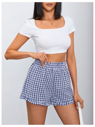 Image of MakeMeChic Women's Gingham Ruffle Lounge Shorts Elastic High Waist Pajamas Boxer Shorts