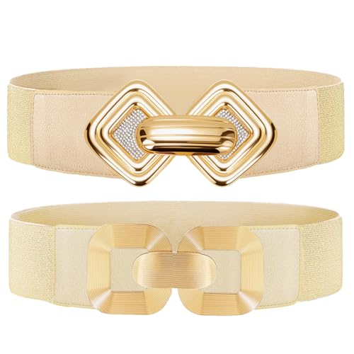 2PCS Wide Elastic Waist Belt for Women Fashion Hollow Out Rhinestone Gold Buckle Stretchy Waistband Belt for Ladies