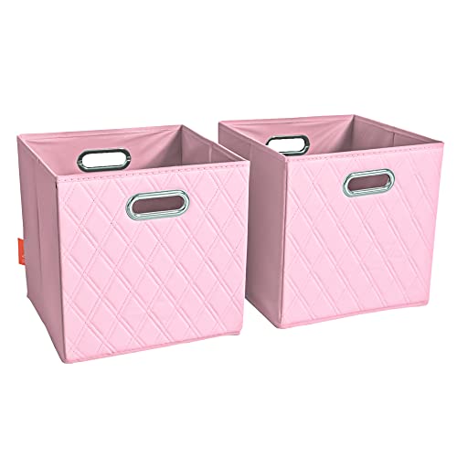 JIAessentials 11 inch Pink Foldable Diamond Patterned Faux Leather Storage Cube Bins Set of Two with Handles for living room, bedroom and office storage