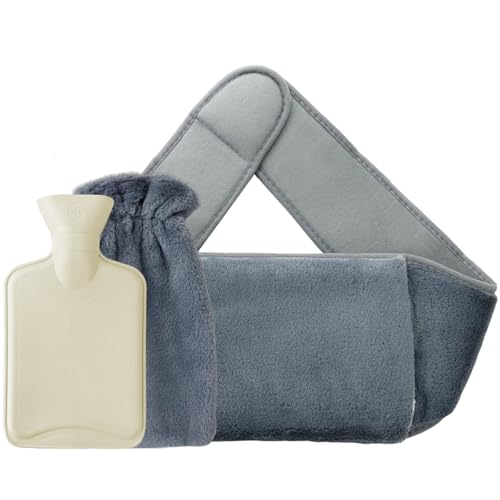 Jsdoin Botella de Agua Caliente, Botella de Agua Caliente con Suave Felpa Funda, 1L Cinturón Bolsa de Agua Caliente para Mantener Caliente, Aliviar Dolores Muculares