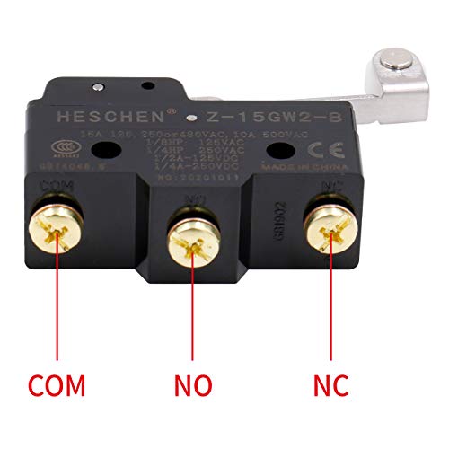 Heschen Microinterruptor Z-15GW2-B Palanca de rodillo de bisagra 3 Terminal de tornillo 0.5mm Espacio de contacto 15A Corriente nominal