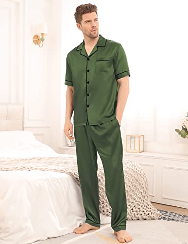 Image of SWOMOG Mens Satin Pajama Set Short Sleeve Classic Sleepwear Button Down Silky Loungewear with Long Pants