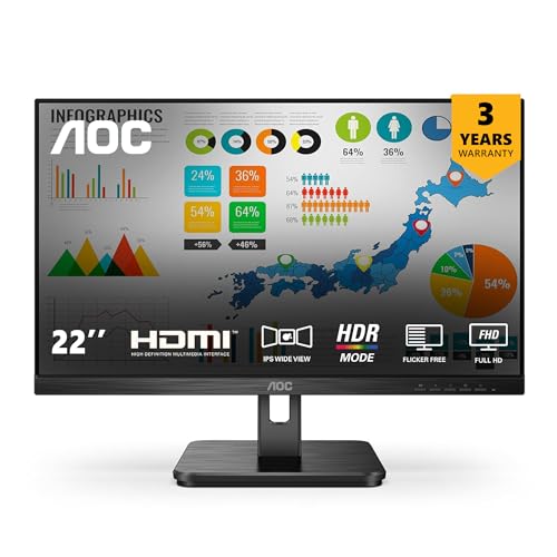 Image of AOC 22E2H 22 inch Monitor Full HD IPS Panel, 75Hz Refresh Rate, 4ms Response Time, Adaptive Sync, Flicker-Free, HDMI Connectivity, HDR Support, 3-Sided Frameless Design, Low Blue Light, 102% sRGB (Black)