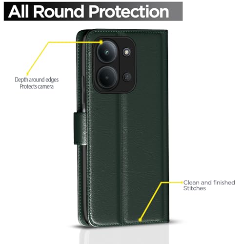 Image of Pikkme Flip Cover for Redmi 15C 5G Leather Finish | Inside TPU with Card Pockets | Wallet Stand and Shock Proof | Complete Protection Flip Case (Green)