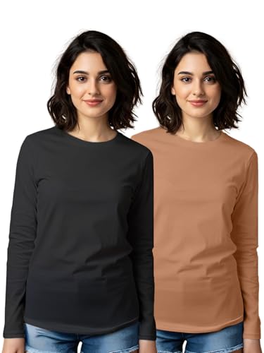 Image of JUNEBERRY Cotton Round Neck Regular Fit Solid Core Full Sleeve T-Shirt Combo for Women & Girls (Pack of 2) (Available Colors: Black, White, Navy, Green,Swanwhite & Cork)
